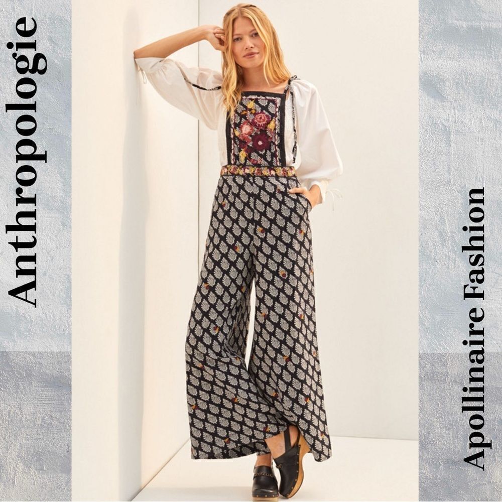 ANTHROPOLOGIE EMBROIDERED JUMPSUIT IN BLACK MOTIF SIZE 10 NEW